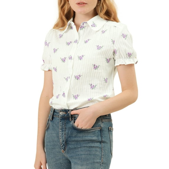 INSPIRE CHIC Valentine's Day Women's Frilled Tops Bubble Sleeves Peter Pan Collar Floral Print Cotton Blouses XS White