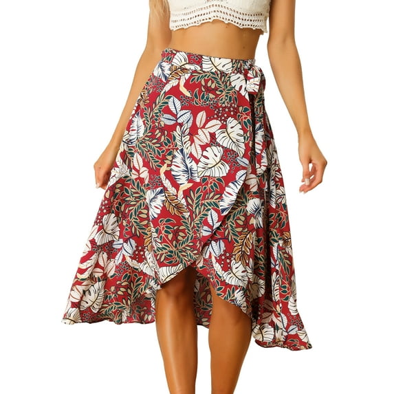 INSPIRE CHIC Women's Floral Tropical Boho Midi Wrap Skirt L Red