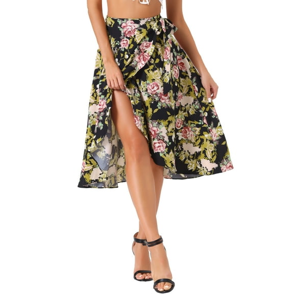 INSPIRE CHIC Women's Floral Tropical Boho Midi Wrap Skirt M Black Pink