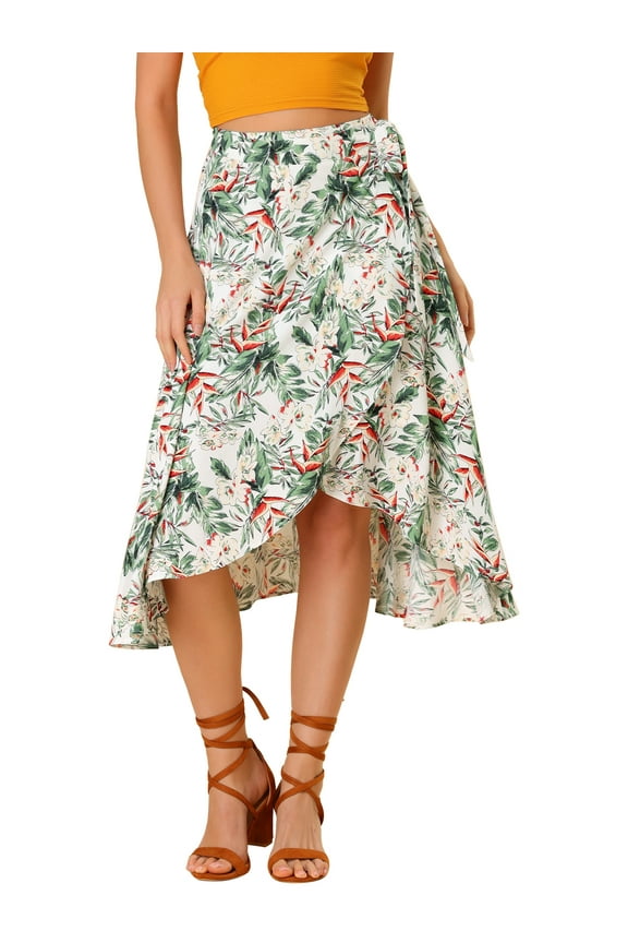 Women's Floral Tropical Boho Midi Wrap Skirt XL White