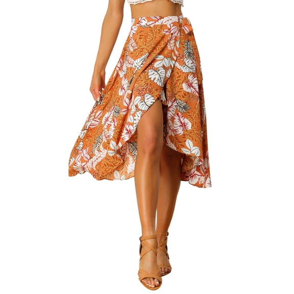 INSPIRE CHIC Women's Floral Tropical Boho Midi Wrap Skirt XS Orange