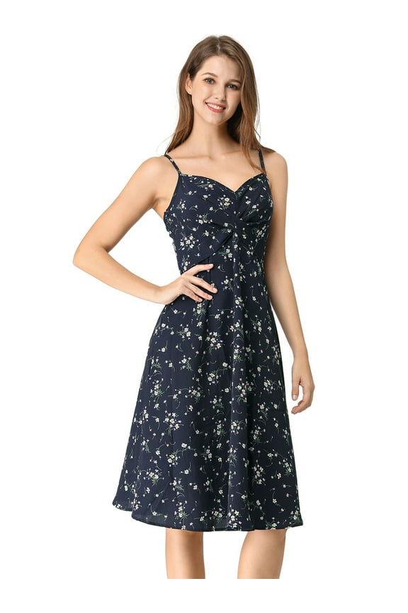 Women's Floral Twist Front Adjustable Strap Midi Dress XL Navy