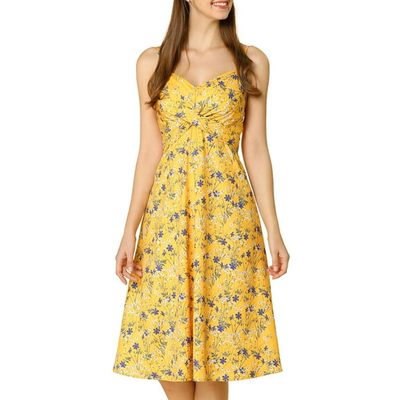 INSPIRE CHIC Women's Floral Twist Front Adjustable Strap Midi Dress L Yellow