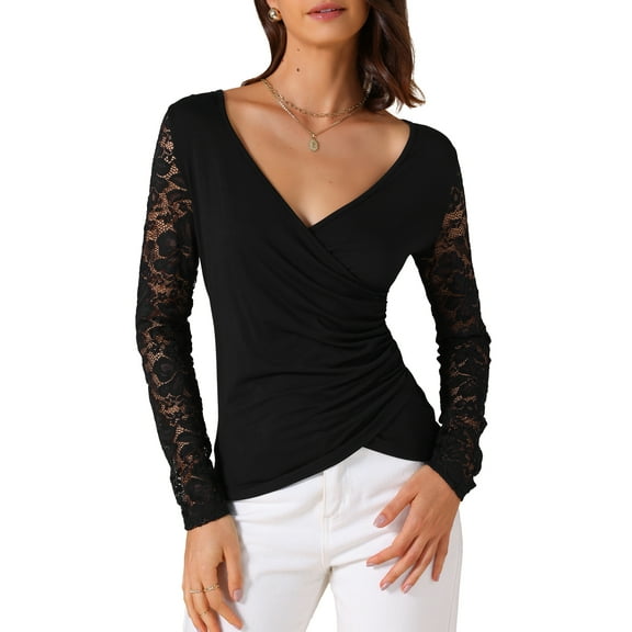 INSPIRE CHIC Women's Floral V Neck Fitted Lace Mesh Long Sleeve Casual Tops Blouses 2XL Black