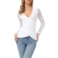 thumbnail image 1 of Allegra K Women's Floral V Neck Fitted Lace Mesh Long Sleeve Casual Sexy Tops Blouses L White, 1 of 5