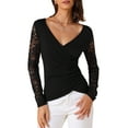 thumbnail image 1 of INSPIRE CHIC Women's Floral V Neck Fitted Lace Mesh Long Sleeve Casual Tops Blouses S Black, 1 of 5