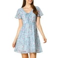 thumbnail image 1 of INSPIRE CHIC Women's Floral V Neck Flare Short Sleeve Lace-up Zipper Chiffon Dress S Blue, 1 of 9