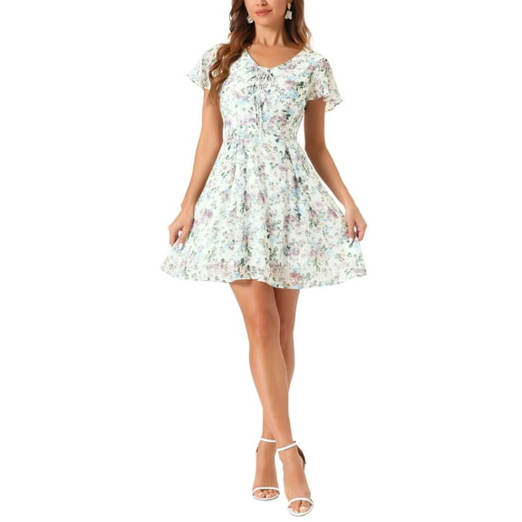 INSPIRE CHIC Women's Floral V Neck Flare Short Sleeve Lace-up Zipper Chiffon Dress S White Purple