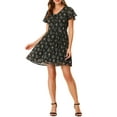thumbnail image 1 of INSPIRE CHIC Women's Floral V Neck Flare Short Sleeve Lace-up Zipper Chiffon Dress L Black Floral, 1 of 8