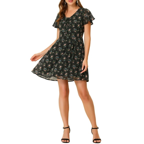 INSPIRE CHIC Women's Floral V Neck Flare Short Sleeve Lace-up Zipper Chiffon Dress XL Black Floral