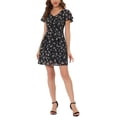 thumbnail image 1 of INSPIRE CHIC Women's Floral V Neck Flare Short Sleeve Lace-up Zipper Chiffon Dress M Blacks, 1 of 9