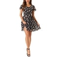 thumbnail image 1 of INSPIRE CHIC Women's Floral V Neck Flare Short Sleeve Lace-up Zipper Chiffon Dress L Black B, 1 of 5