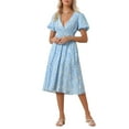 thumbnail image 1 of INSPIRE CHIC Women's Midi Floral V Neck Puff Sleeves Casual Smocked Waist Dress Blue XS, 1 of 5