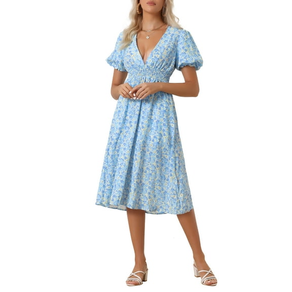 INSPIRE CHIC Women's Midi Floral V Neck Puff Sleeves Casual Smocked Waist Dress Blue M