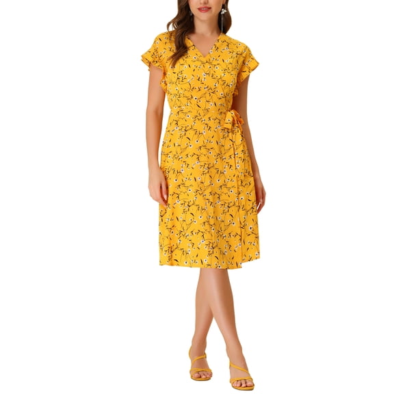 INSPIRE CHIC Women's Floral Dress V Neck Flutter Cap Sleeves Summer Midi Wrap Sundress Yellow M