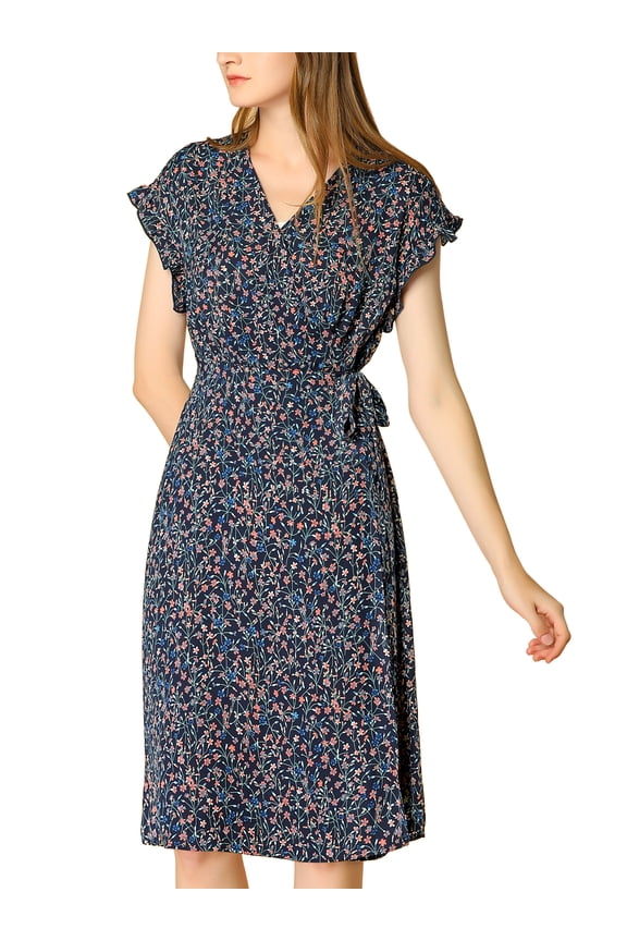 Women's Floral Dress V Neck Flutter Cap Sleeves Summer Midi Wrap Sundress Blue S