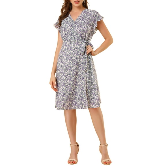 INSPIRE CHIC Women's Floral Dress V Neck Flutter Cap Sleeves Summer Midi Wrap Sundress XS Beige-Purple Floral