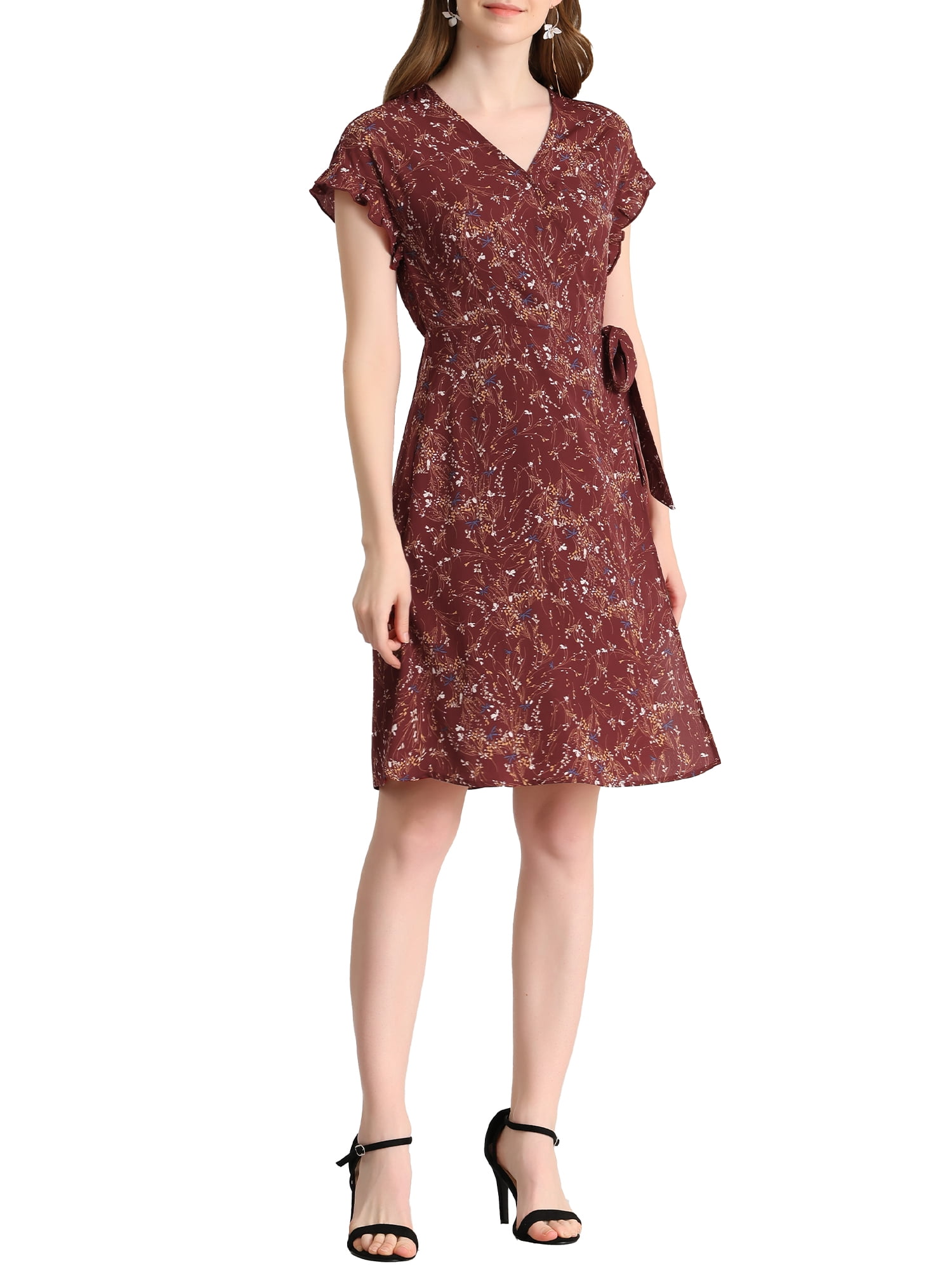 princess polly baby blue dress INSPIRE CHIC Women's Floral Dress V Neck Flutter Cap Sleeves Summer Midi  Wrap Sundress Burgundy XS