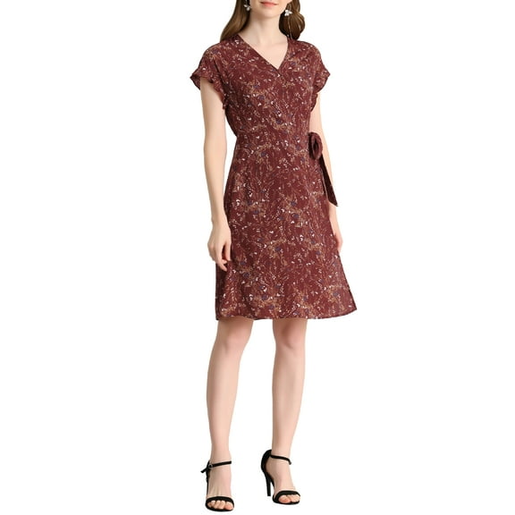 INSPIRE CHIC Women's Floral Dress V Neck Flutter Cap Sleeves Summer Midi Wrap Sundress XS Burgundy