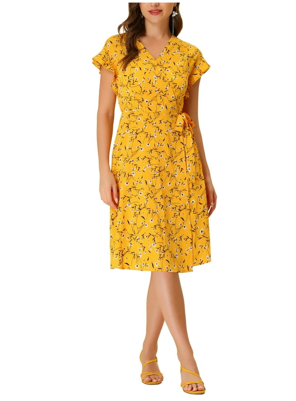 Women's Floral Dress V Neck Flutter Cap Sleeves Summer Midi Wrap Sundress XS Yellow