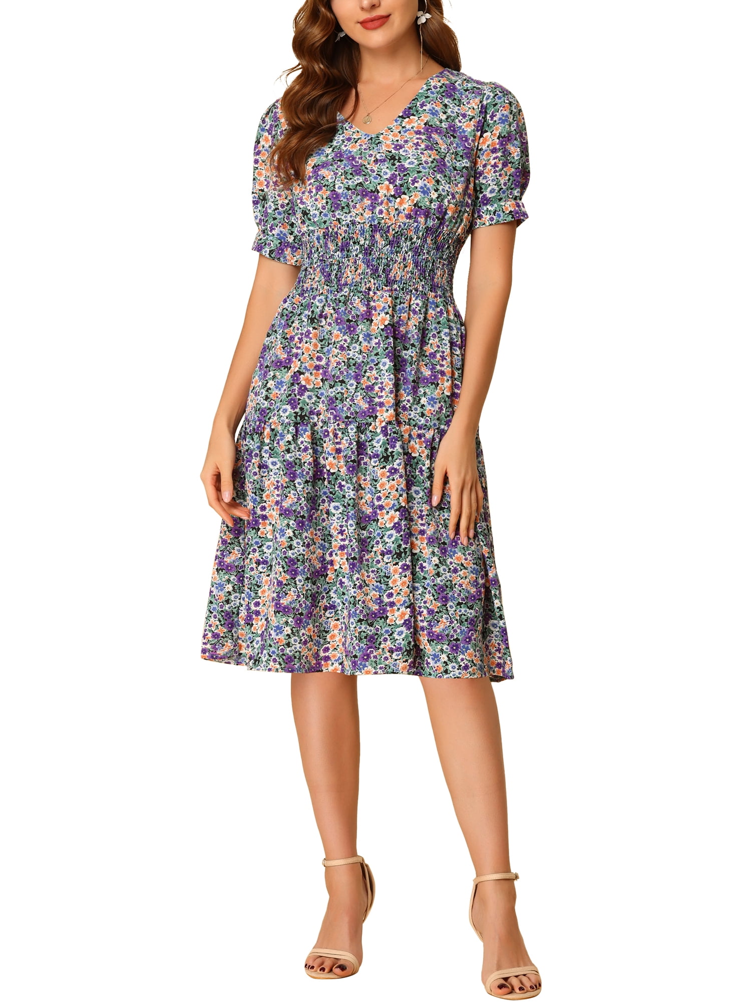 green emerald velvet dress Smocked Floral V-Neck Short Sleeve Dress Gum Leaf / M