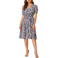 thumbnail image 1 of INSPIRE CHIC Women's Floral V Neck Short Sleeve Fit and Flare Smocked Dress M Purple, 1 of 6