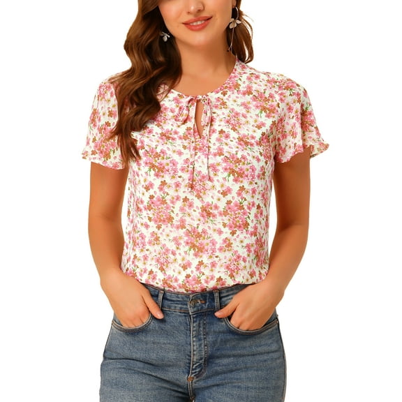 INSPIRE CHIC Women's Floral V Neck Short Sleeve Ruffled Ditsy Blouse Tops