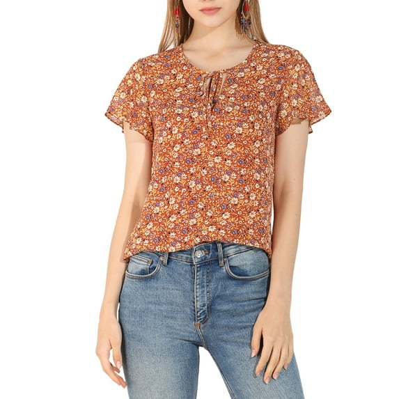 Allegra K Women's Floral V Neck Short Sleeve Ruffled Ditsy Blouse Tops
