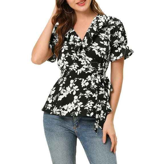 INSPIRE CHIC Women's Tops Floral V Neck Short Sleeves Round Hem Ruffle Peplum Blouse 2XL Black-White