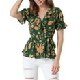 thumbnail image 1 of INSPIRE CHIC Women's Tops Floral V Neck Short Sleeves Round Hem Ruffle Peplum Blouse 2XL Green, 1 of 7