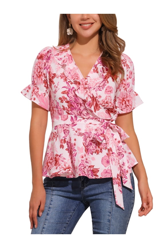 Women's Tops Floral V Neck Short Sleeves Round Hem Ruffle Peplum Blouse L Pink Floral