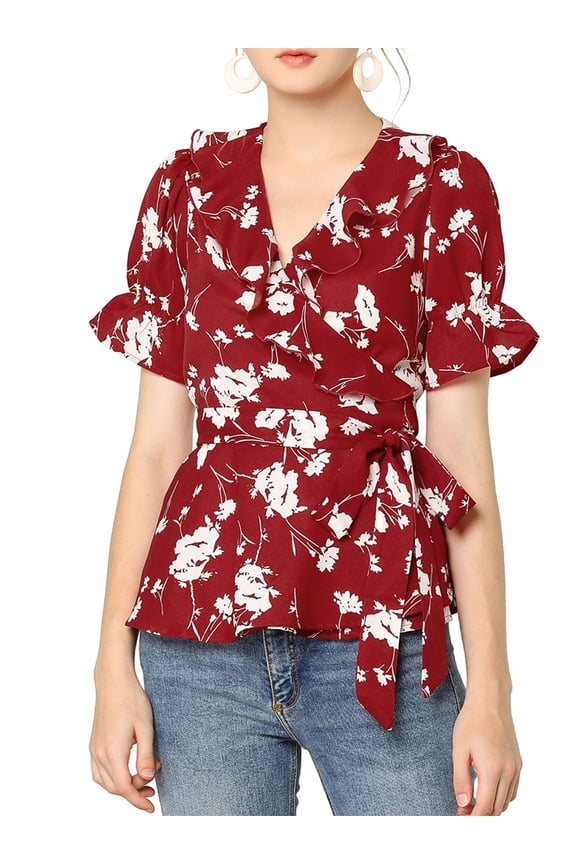 Women's Tops Floral V Neck Short Sleeves Round Hem Ruffle Peplum Blouse M Red