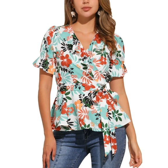 INSPIRE CHIC Women's Tops Floral V Neck Short Sleeves Round Hem Ruffle Peplum Blouse M White Floral