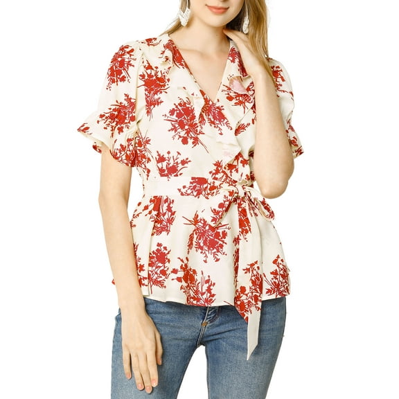 INSPIRE CHIC Women's Tops Floral V Neck Short Sleeves Round Hem Ruffle Peplum Blouse M White