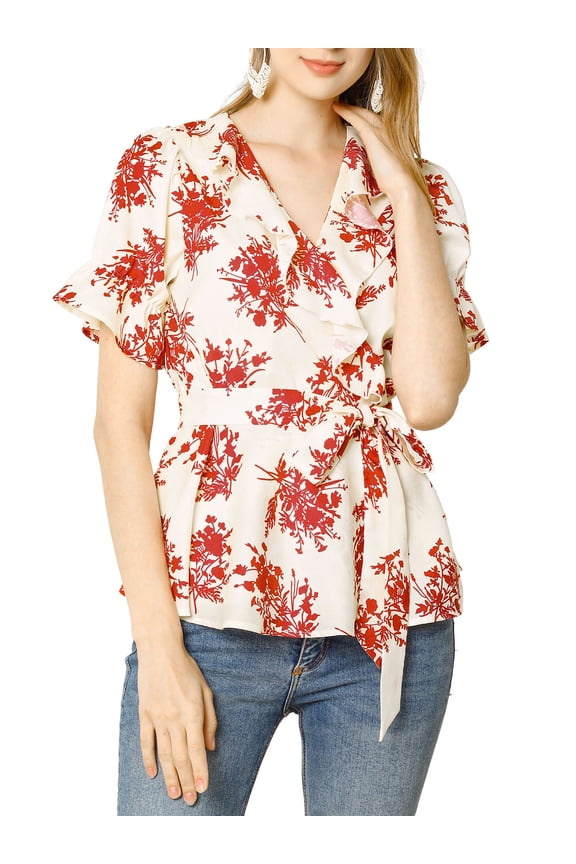 Women's Wrap Peplum Top Blouse Summer Floral Short Sleeve Ruffle V Neck Belted Shirts White M