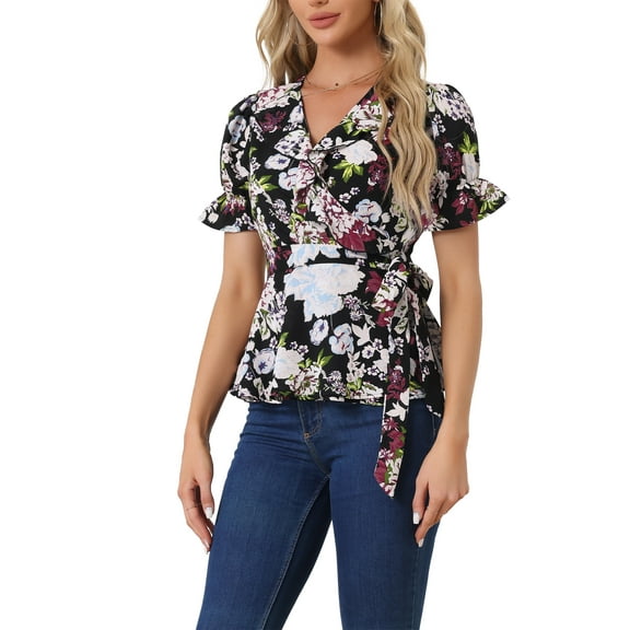 INSPIRE CHIC Women's Tops Floral V Neck Short Sleeves Round Hem Ruffle Peplum Blouse XL Black-Floral