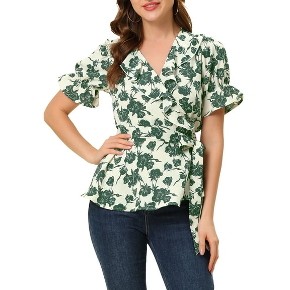 INSPIRE CHIC Women's Tops Floral V Neck Short Sleeves Round Hem Ruffle Peplum Blouse XS Beige-Green
