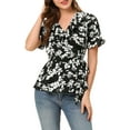 thumbnail image 1 of INSPIRE CHIC Women's Tops Floral V Neck Short Sleeves Round Hem Ruffle Peplum Blouse XS Black-White, 1 of 8