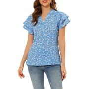 INSPIRE CHIC Women's Floral Tops V Neck Tiered Short Sleeve Button Down Blouse L Blue