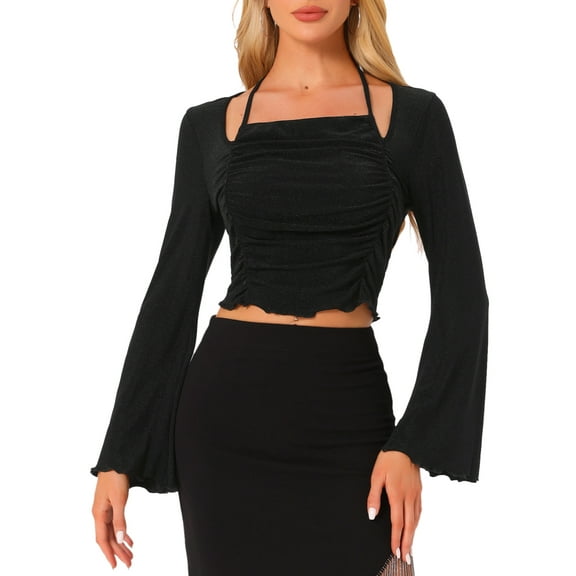 INSPIRE CHIC Women's Flounce Long Sleeves Ruched Tie Back Lightweight Crop Top Tee Blouse