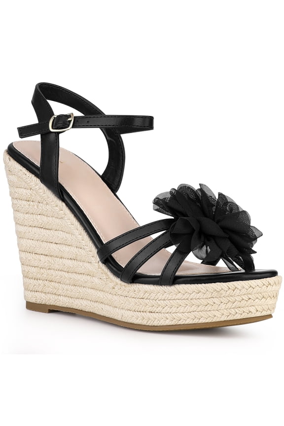 Women's Flower Platform Espadrilles Wedge Heel Sandals Black 7