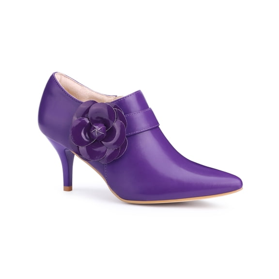 BLISSFUL STEP Women's Ankle Boots Flower Stiletto Heel Pointy Toe Zipper Faux Leather Dress Booties Purple 9.5