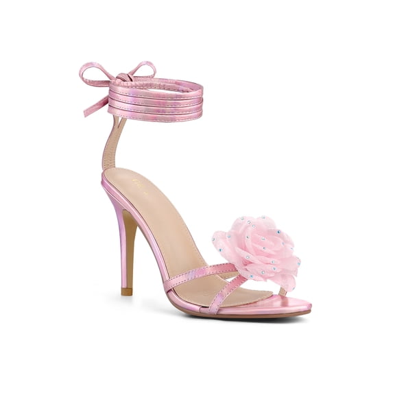 BLISSFUL STEP Women's Flower Rhines Open Toe Lace Up Stiletto Heels Sandals Pink 7.5