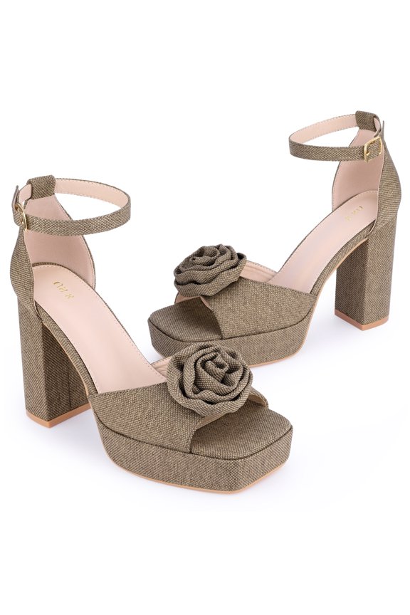 Women's Flower Square Toe High Platform Chunky Heel Sandals Khaki 6