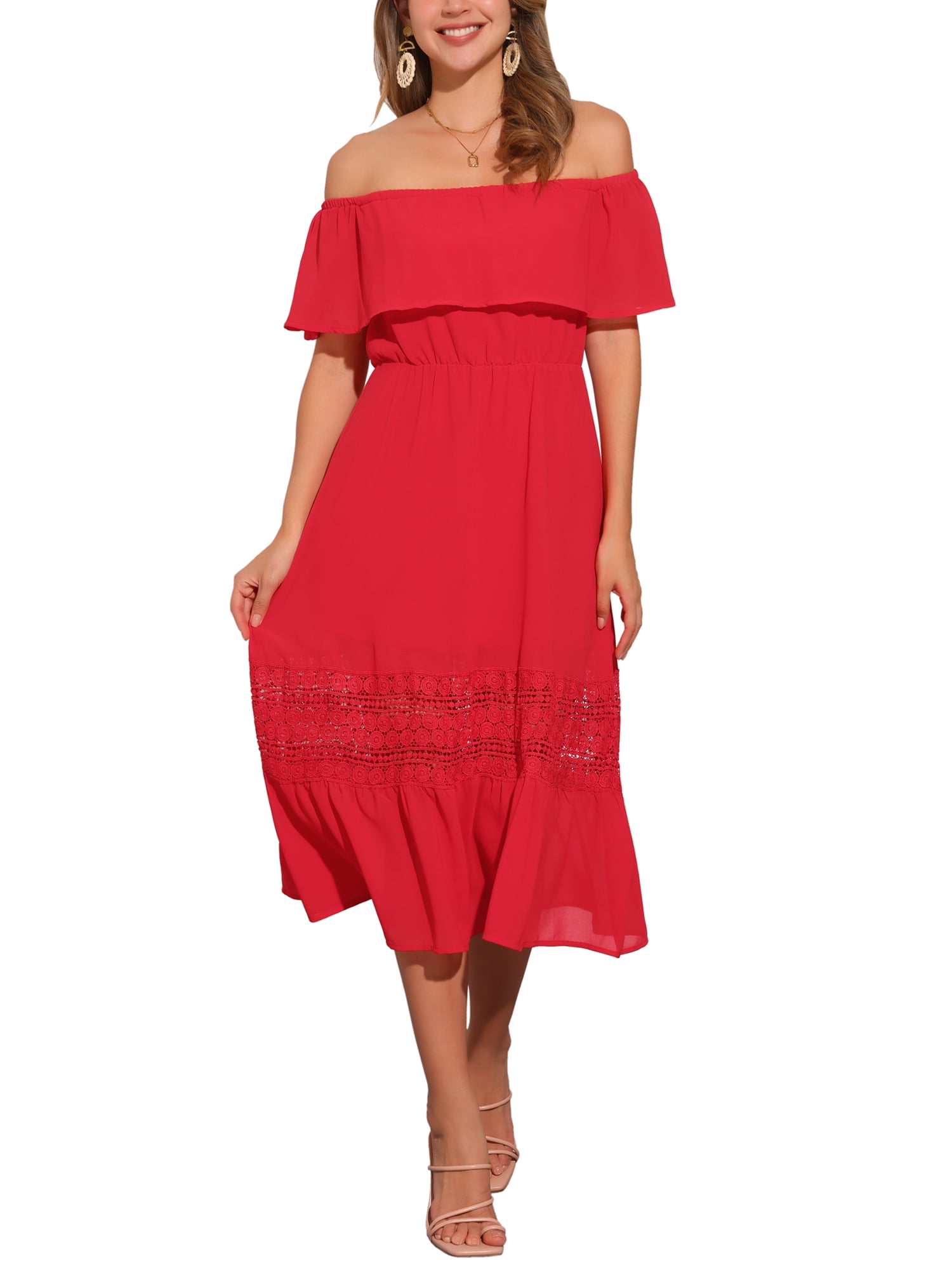 Red Shoulder Ruffle Lace Dress SD00478