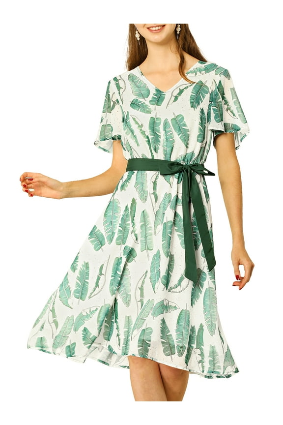 Women's Flutter Sleeve V Neck Belted Chiffon Leaf Prints Midi Dress M Green White