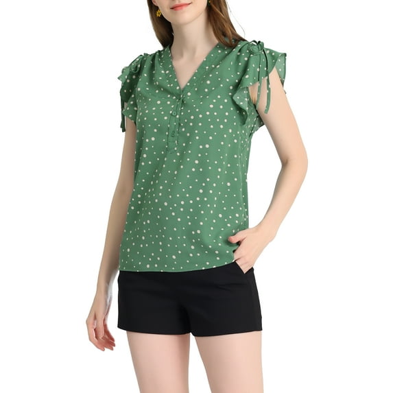 INSPIRE CHIC Women's Flutter Sleeves V Neck Polka Dots Prints Blouse Tops