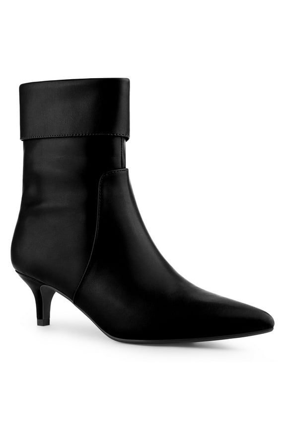 Women's Fold Over Kitten Heels Solid Print Zip-Up Ankle Boot Black 10