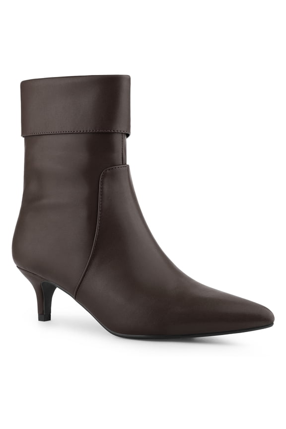 Women's Fold Over Kitten Heels Solid Print Zip-Up Ankle Boot Coffee 8.5