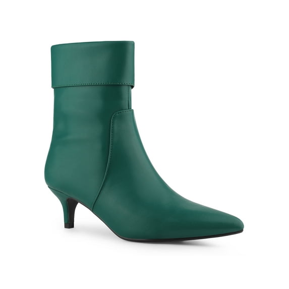 BLISSFUL STEP Women's Fold Over Kitten Heels Solid Print Zip-Up Ankle Boot Green 8.5